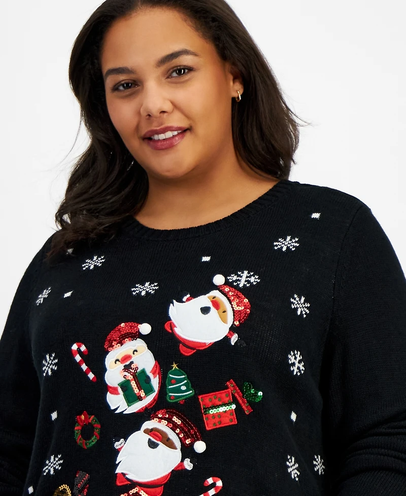 Holiday Lane Plus Santa Embellished Crewneck Sweater, Created for Macy's