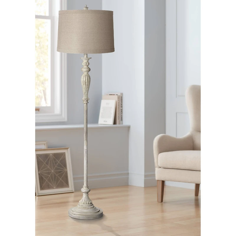 Traditional Vintage like Shabby Chic Standing Floor Lamp 60" Tall Antique White Washed Natural Linen Fabric Tapered Drum Shade Decor for Living R