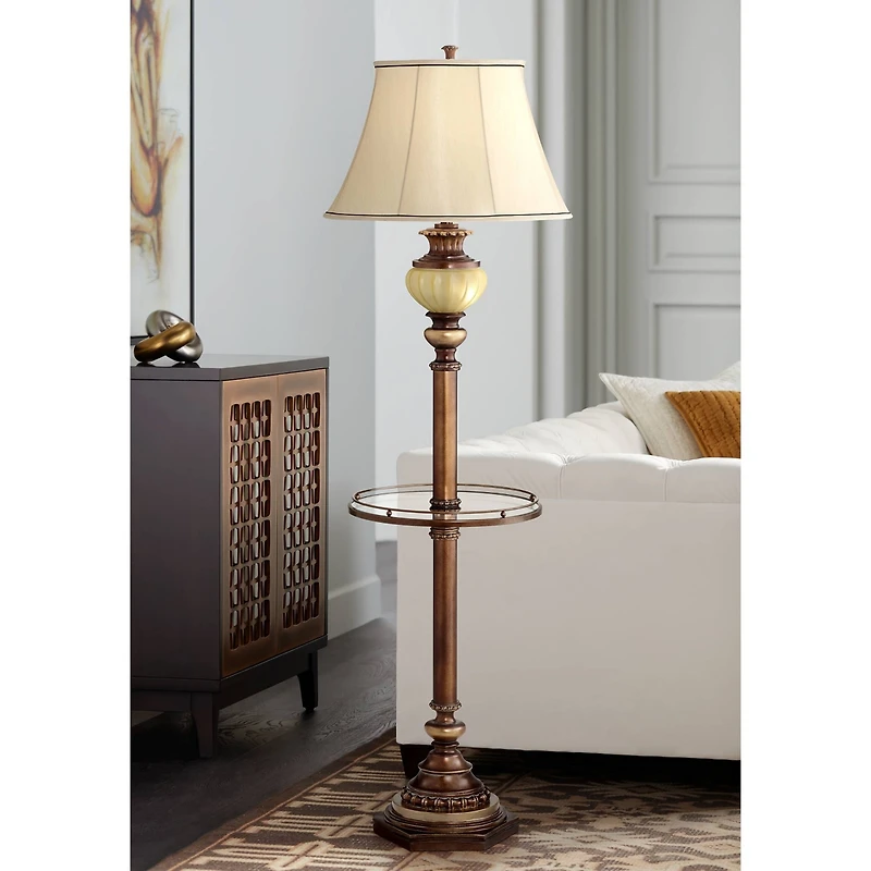 Hyde Park Rustic Vintage like Floor Lamp with Nightlight Glass Tray 65" Tall Bronze Gold Metal Pearl White Frosted Glass Fabric Bell Shade for Li