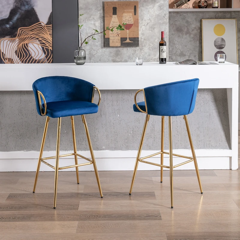 Streamdale Furniture 30 Inch Set Of 2 Bar Stools, With Chrome Footrest And Base Velvet + Golden Leg Simple Barstool, Blue