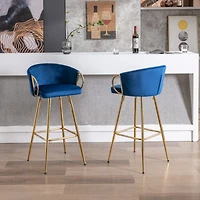 Streamdale Furniture 30 Inch Set Of 2 Bar Stools, With Chrome Footrest And Base Velvet + Golden Leg Simple Barstool, Blue