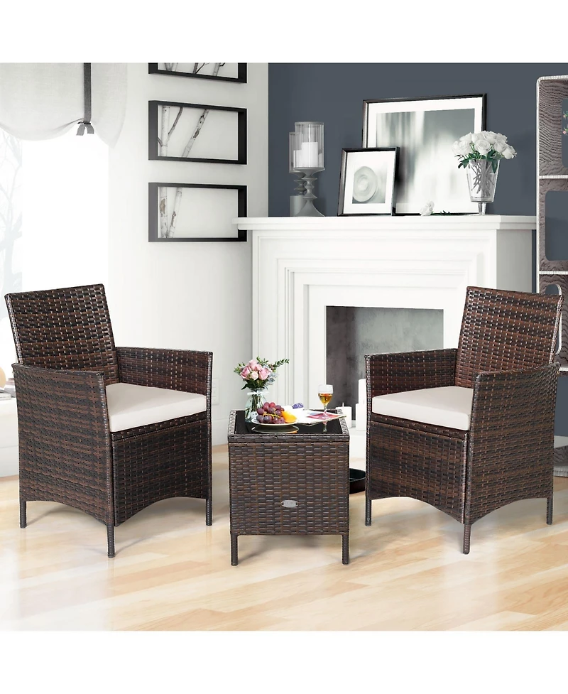 3 Pieces Patio Cushioned Rattan Converstaion Set With Glass Table Top