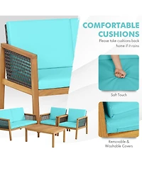 Gymax 4PCS Patio Acacia Wood Furniture Set Pe Rattan Conversation Set w/ Turquoise Cushions