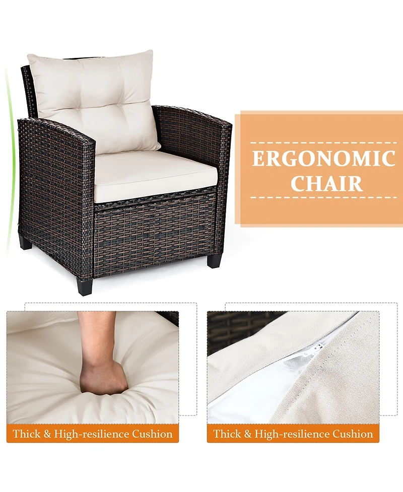 3PCS Patio Rattan Furniture Set Cushioned Sofa Coffee Table Garden