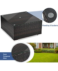 Gymax 5PCS Cushioned Rattan Patio Conversation Set w/ Ottoman Navy Cushion