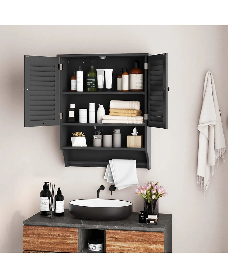 Bathroom Wall Mounted Medicine Cabinet with Louvered Doors & Towel Bar