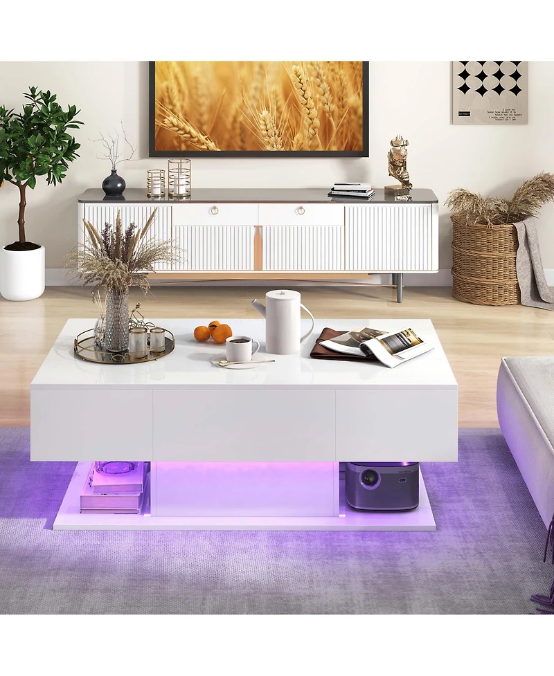 Led Coffee Table with 2 Drawers 20-Color Dimmable Led Lights & Remote Control