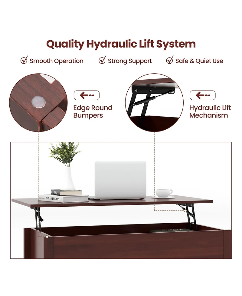 Lift Top Coffee Table with Hidden Compartment and Storage Shelves