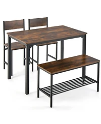 4pcs Dining Table Set Rustic Desk 2 Chairs & Bench with Storage Rack