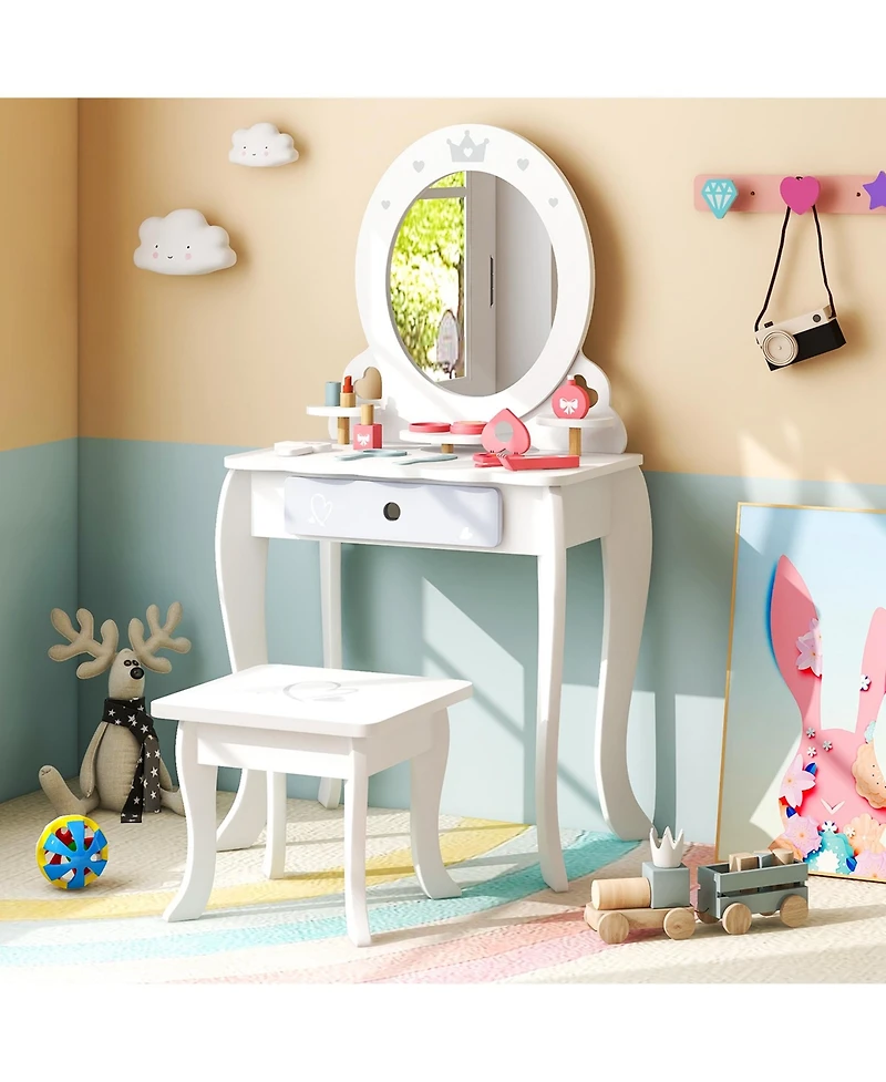 Costway Kids Vanity Set Makeup Table & Chair Sweet Accessories Included Storage Drawer