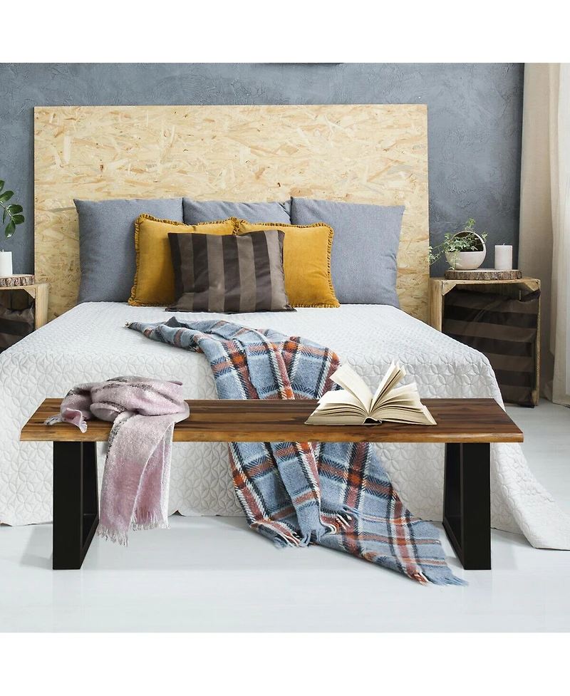 Gymax Solid Acacia Wood Patio Bench Dining Bench Outdoor W/Rustic Metal Legs