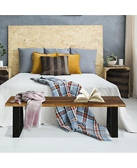 Gymax Solid Acacia Wood Patio Bench Dining Bench Outdoor W/Rustic Metal Legs