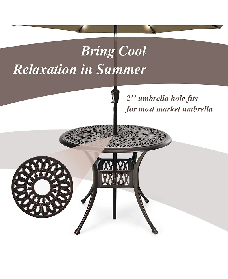 Costway 36'' Patio Round Dining Bistro Table Cast W/2'' Umbrella Hole