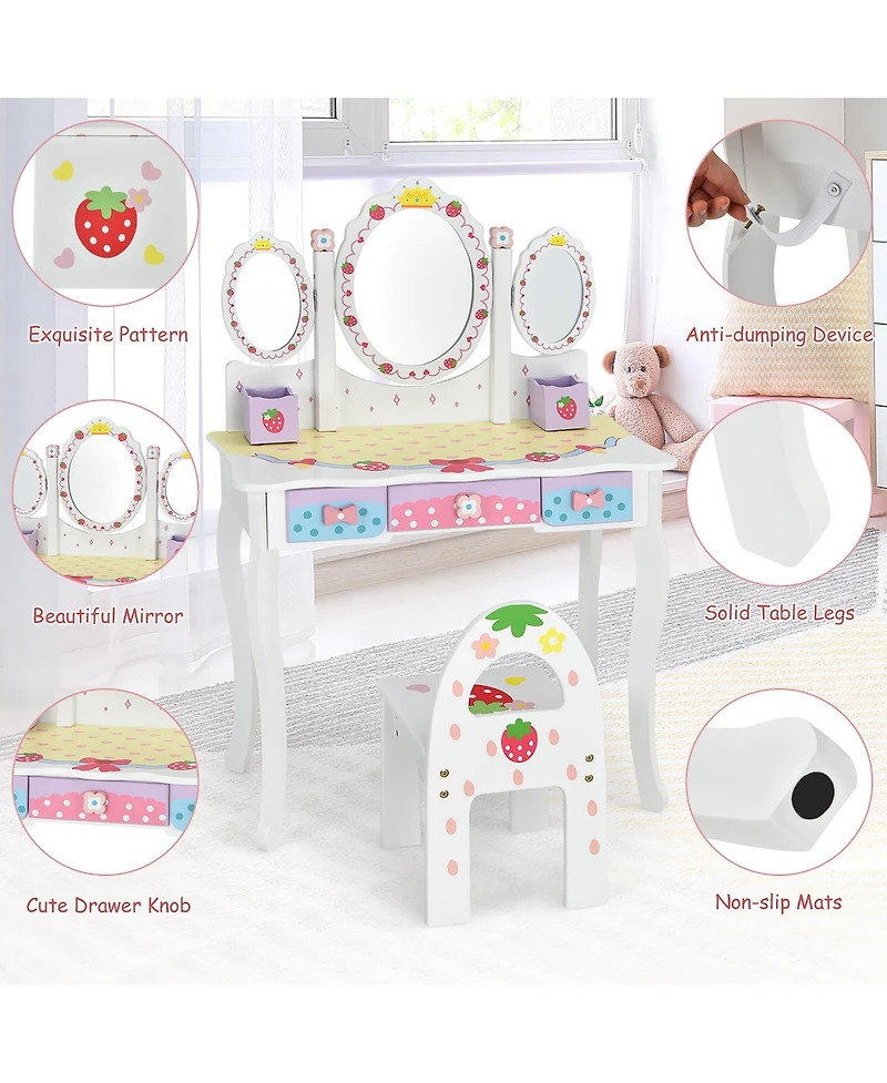 Costway Kids Vanity Princess Makeup Dressing Table Chair Set
