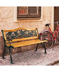 Costway Park Garden Bench Porch Path Chair Furniture Cast Iron Hardwood