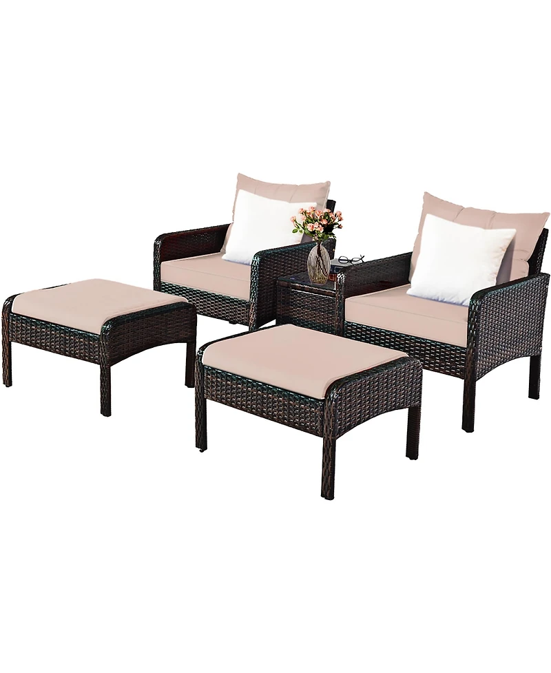 Costway 5 Pcs Rattan Wicker Furniture Set Sofa Ottoman W/Brown Cushion Patio Garden Yard