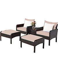 Costway 5 Pcs Rattan Wicker Furniture Set Sofa Ottoman W/Brown Cushion Patio Garden Yard