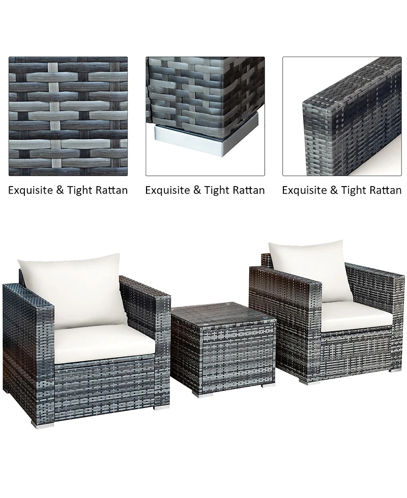 3 Pc Patio Rattan Furniture Bistro Set Cushioned Sofa Chair Table