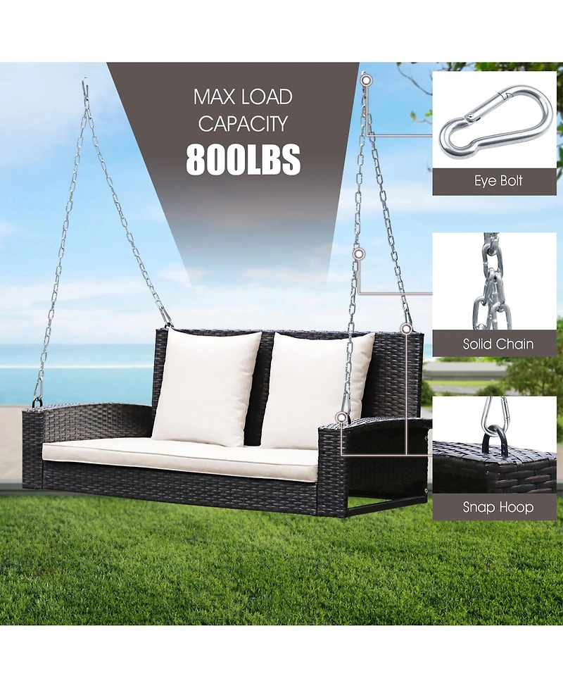 2-Person Patio Rattan Hanging Porch Swing Bench Chair Cushion