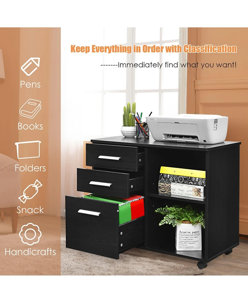 3-Drawer File Cabinet Mobile Lateral Printer Stand
