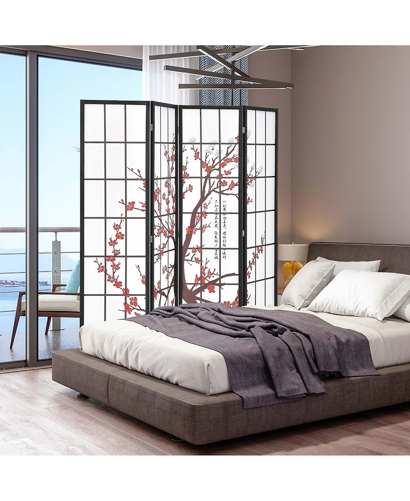 4-Panel Japanese Style Folding Room Divider with Elegant Plum Blossom Design Indoor
