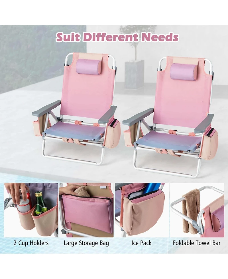 Costway 2-Pack Folding Backpack Beach Chair 5-Position Outdoor Reclining Chairs with Pillow