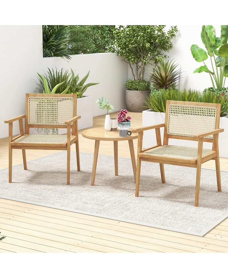 1 Pcs Outdoor Wood Chair Teak Wood Armchair with Rattan Seat & Back Patio Chair for Porch