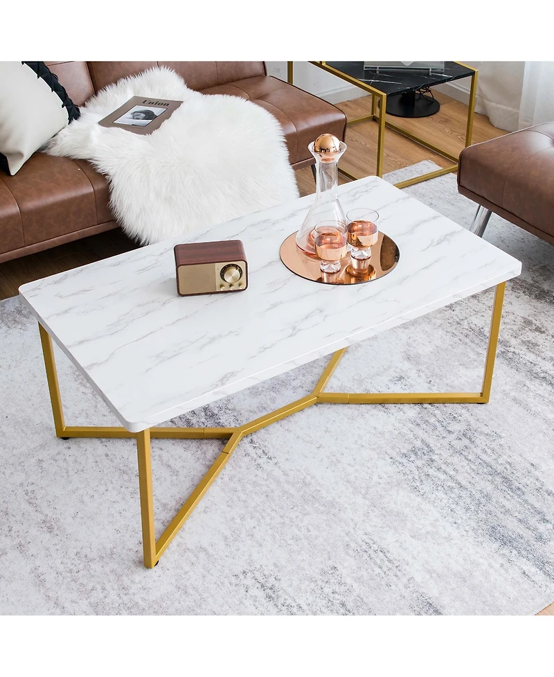 Modern Coffee Table with Faux Marble Tabletop & Golden Y-shaped Legs Foot Pads