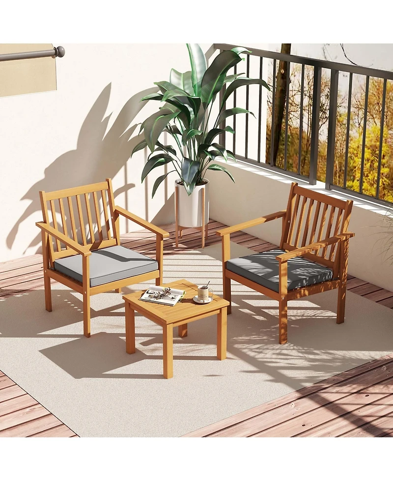 3 Pcs Patio Wood Furniture Set Acacia Wood Chairs & Coffee Table with soft Cushions