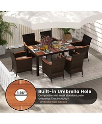 7 Pieces Outdoor Wicker Dining Set with Acacia Wood Table and 6 Stackable Chairs