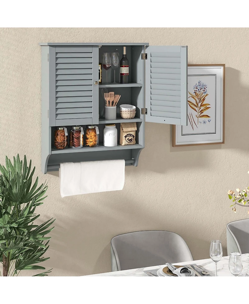 Bathroom Wall Mounted Medicine Cabinet with Louvered Doors & Towel Bar