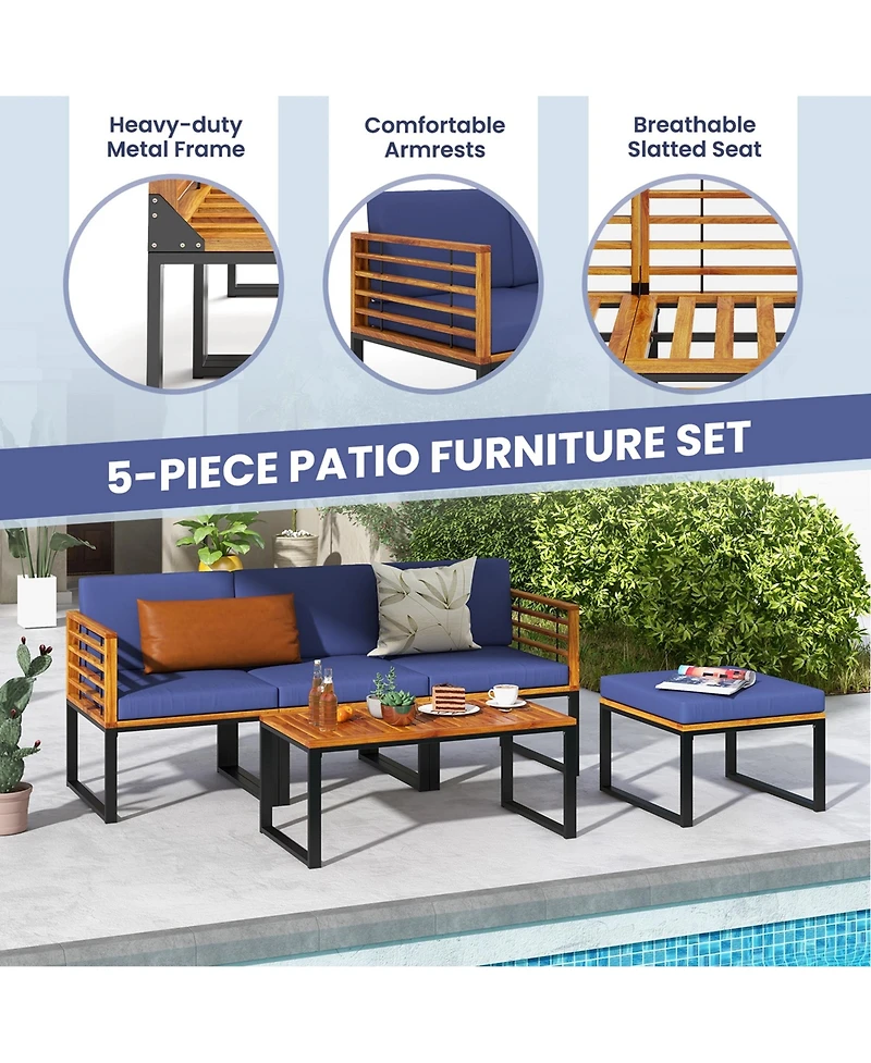 Costway 5 Piece Patio Chair Set, Acacia Wood Chair Set with Ottoman & Coffee Table
