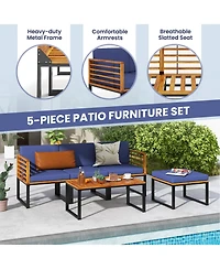 Costway 5 Piece Patio Chair Set, Acacia Wood Chair Set with Ottoman & Coffee Table