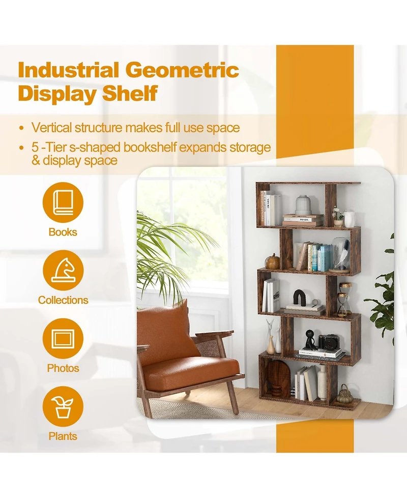 1 Pc 5-Tier Bookshelf Geometric S-Shaped Bookcase Room Divider Storage Display Shelf