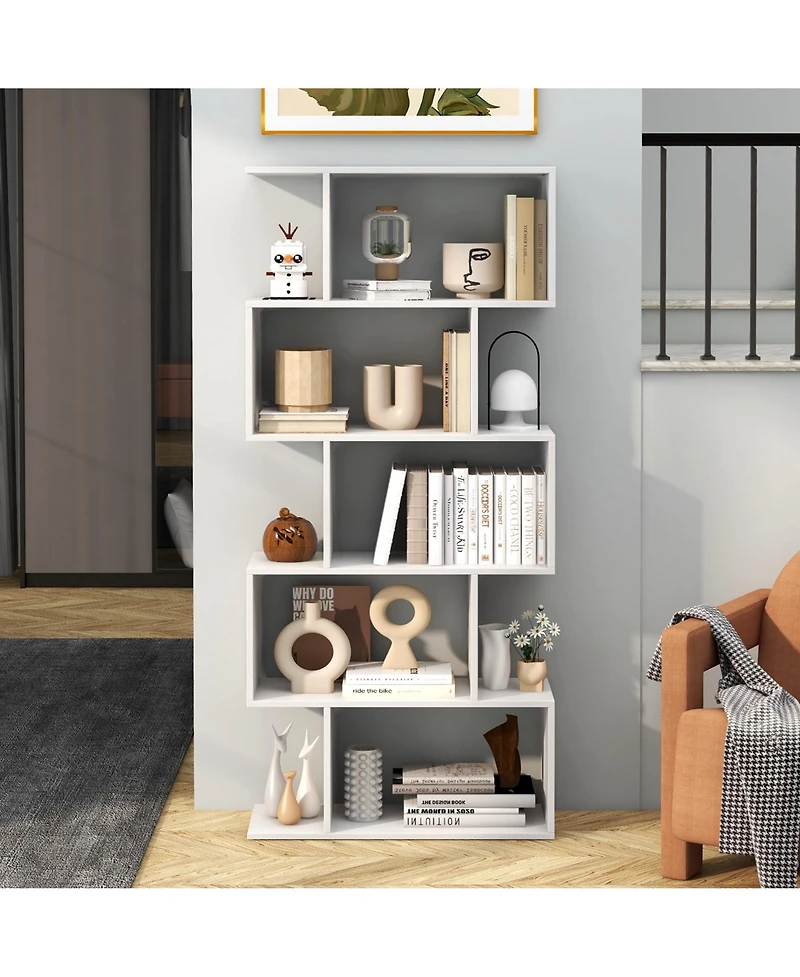 1 Pc 5-Tier Bookshelf Geometric S-Shaped Bookcase Room Divider Storage Display Shelf