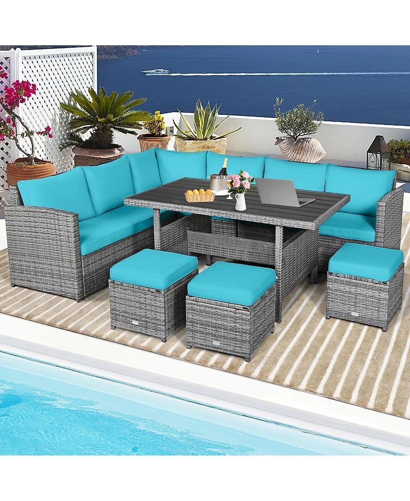 Gymax 7PCS Rattan Patio Sectional Sofa Set Conversation Set w/ Turquoise Cushions