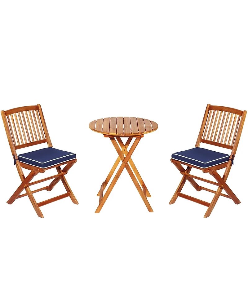 Costway 3PCS Patio Folding Wooden Bistro Set Cushioned Chair Conversation