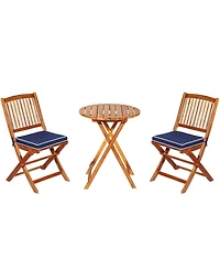 Costway 3PCS Patio Folding Wooden Bistro Set Cushioned Chair Conversation