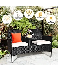 Costway Patio Rattan Conversation Set Seat Sofa Cushioned Loveseat Glass Table Chairs