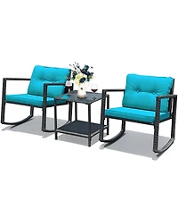 3PC Patio Rattan Conversation Set Rocking Chair Cushioned
