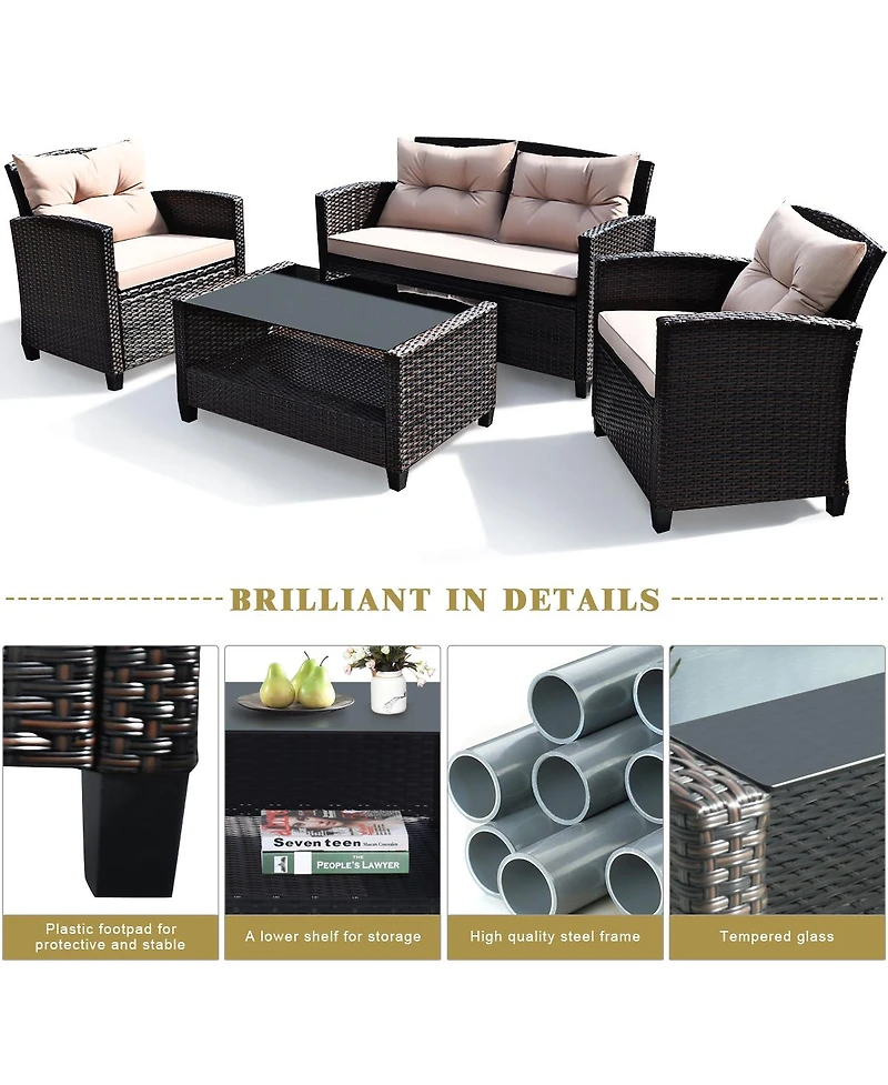 Gymax 4pcs Outdoor Rattan Furniture Set Cushioned Sofa w/Armrest Home