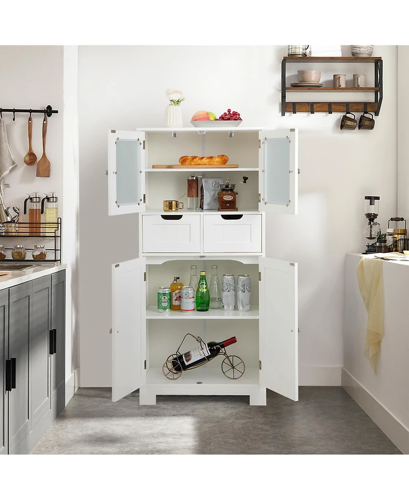 Bathroom Floor Storage Cabinet Kitchen Cupboard with 2 Drawers & Glass Doors
