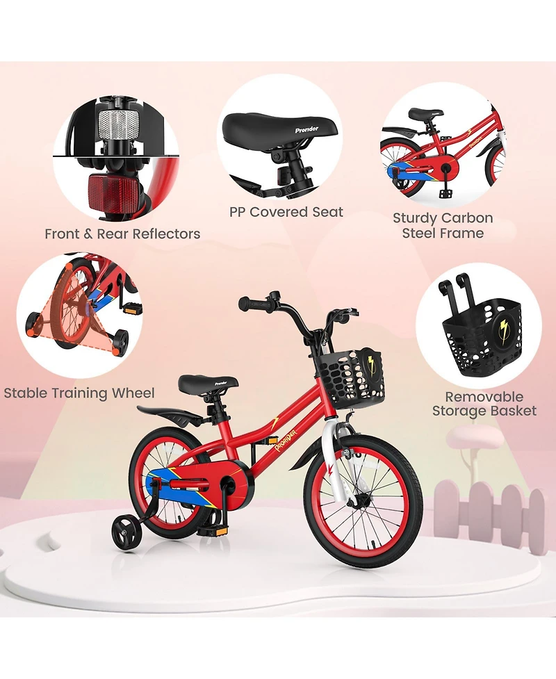 16'' Kid's Bike with Removable Training Wheels & Basket for 4-7 Years Old