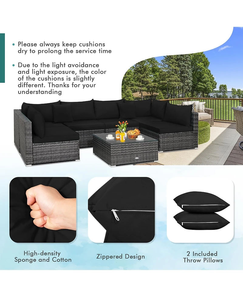 7PCS Patio Rattan Furniture Set Sectional Sofa Cushioned Garden