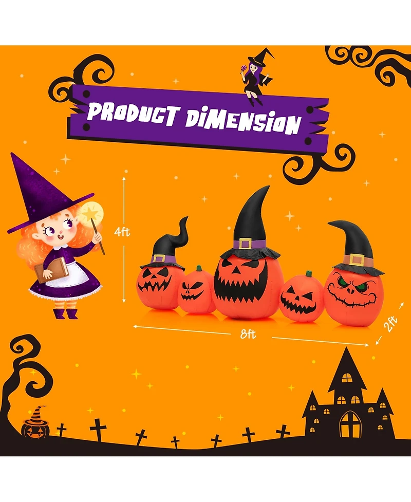 Costway 8 Ft Tall Inflatable Pumpkin Family Waterproof Halloween Yard Decoration w/Led Lights
