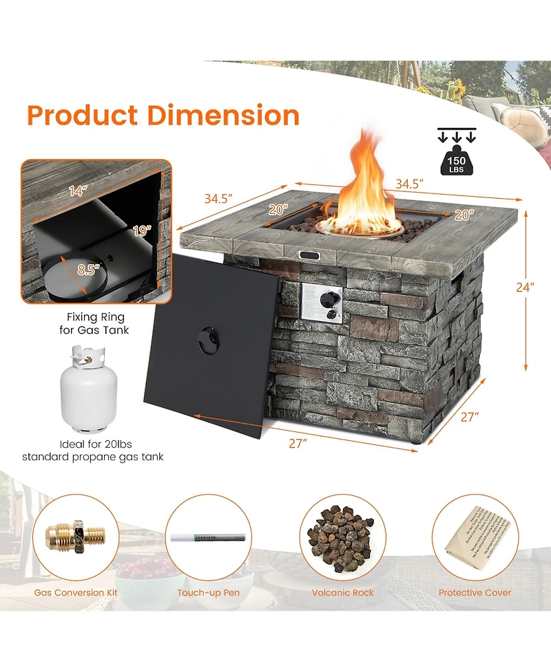 Costway 34.5'' Square Propane Gas Fire Pit Table Faux Stone w/ Lava Rock