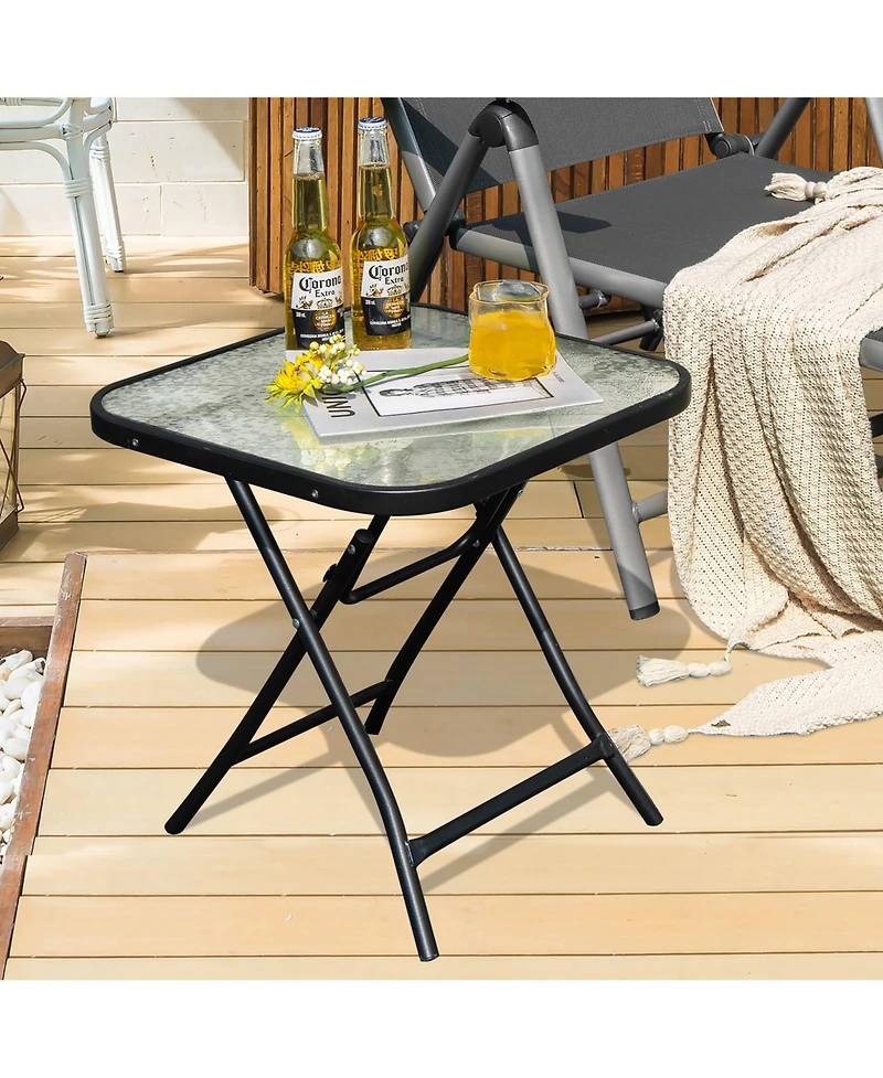 Costway Patio Folding Square Glass Side Table Bistro Coffee Table Plant Stand
