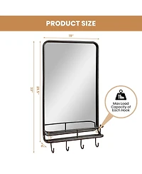 Wall Bathroom Mirror w/ Shelf Hooks Sturdy Metal Frame for Bedroom Living Room