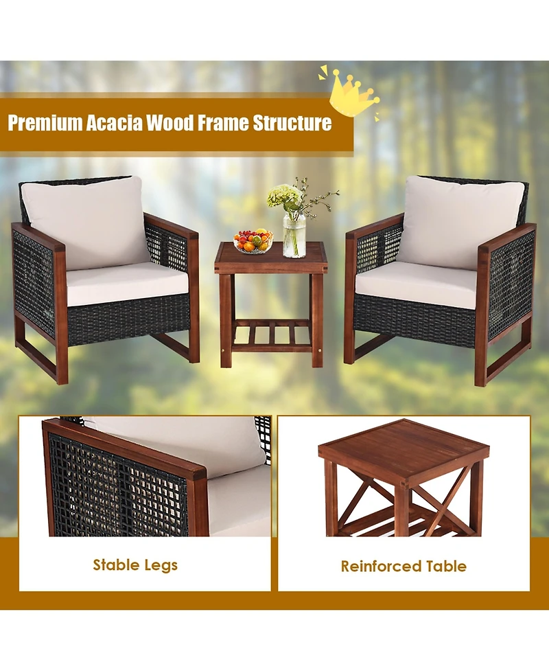 Gymax 3PCS Rattan Wicker Patio Conversation Set Outdoor Furniture Set w/ Cushion