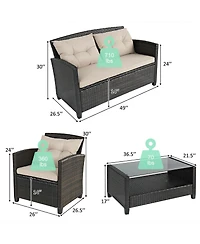 Gymax 4pcs Patio Rattan Conversation Set Cushioned Outdoor Furniture Set